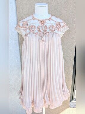 Chicwish Nude Pink Beaded Embellished Pleated Dolly Mini Dress S